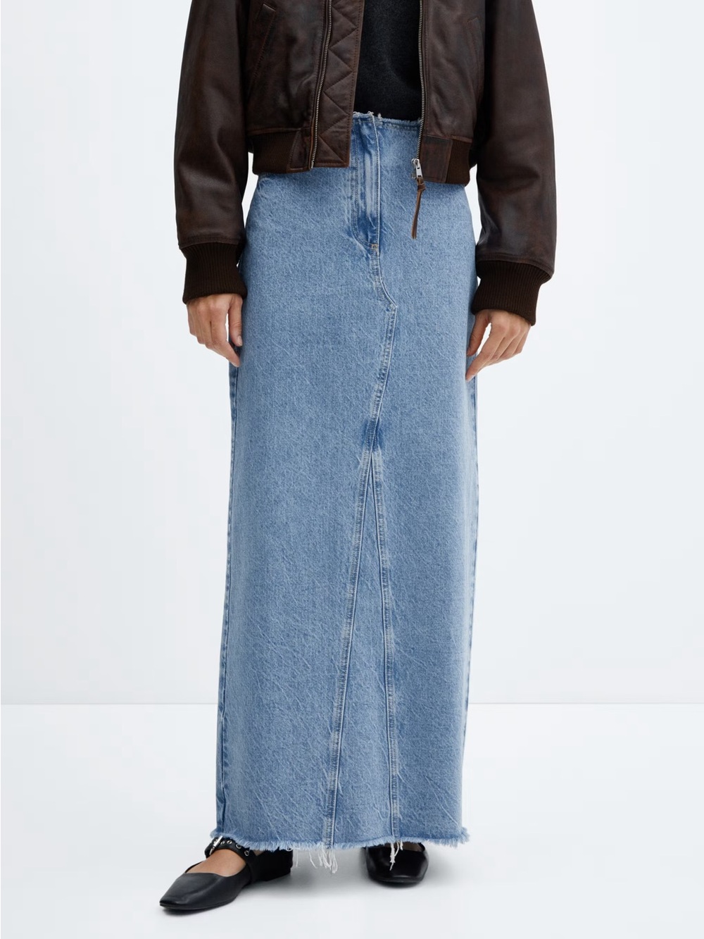 Mango Sz S Denim Raw Hem And Waist Western Maxi Skirt